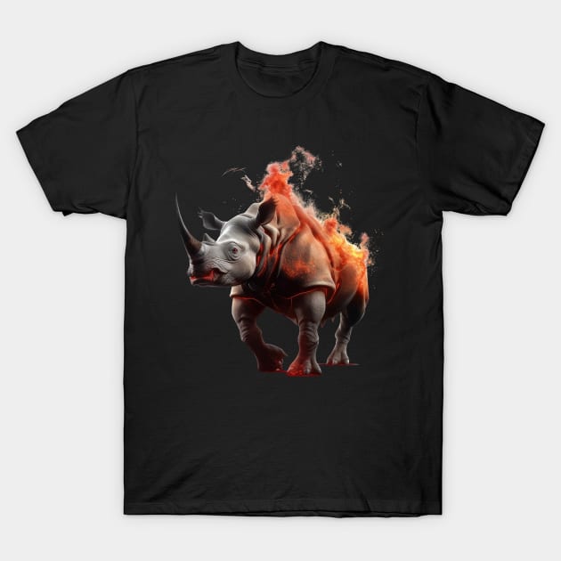 Infernal Horns: The Fiery Wrath of the Rhino Demon T-Shirt by MerlinArt